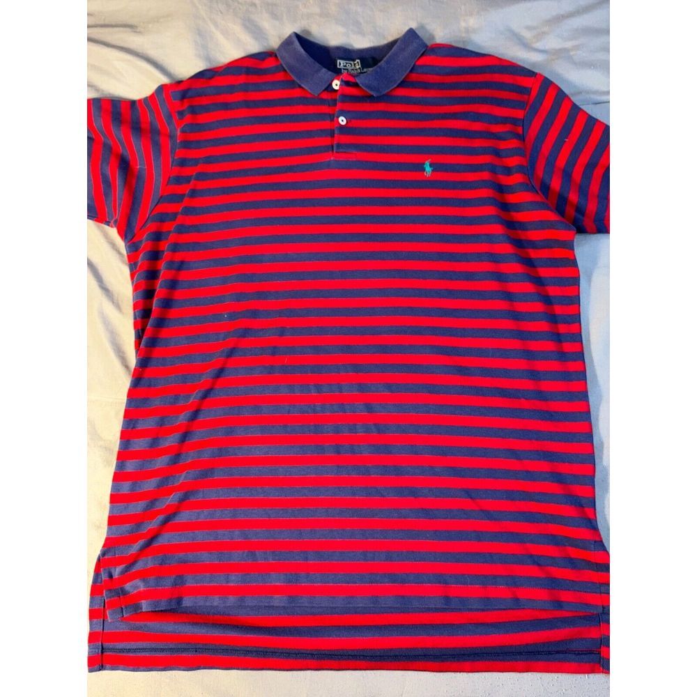 Polo by Ralph Lauren Polo Shirt Men XL Blue Red Stripe Collar High Low Slit Logo